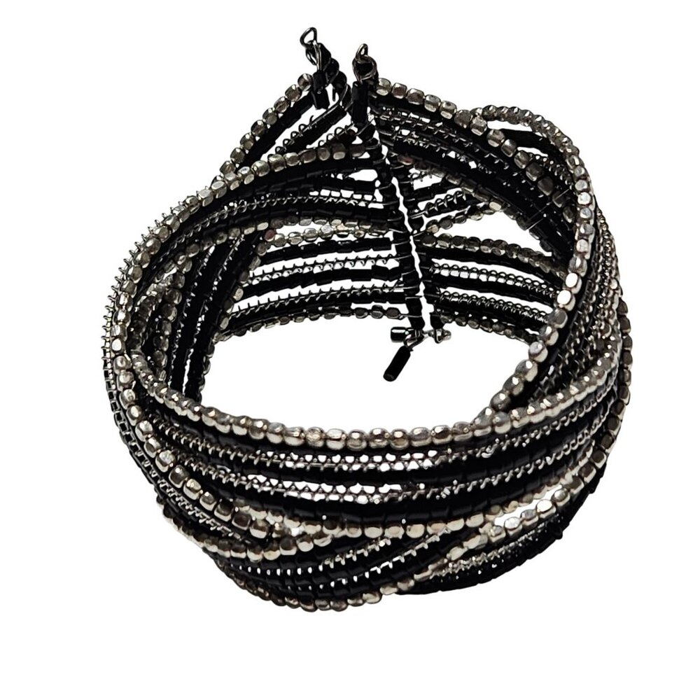 Elegant Silver Black Beaded Coil Cuff Bracelet Multi Layered Boho Chic Jewelry